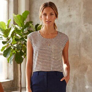 MYNE Ashley Ann | Chic Black Bired  Cream 100% Silk Tank Top - SZ 8